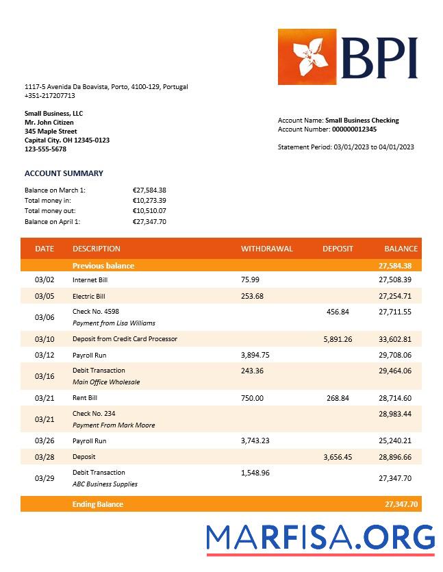 Downloadable Banco BPI firm account statement Word and PDF template